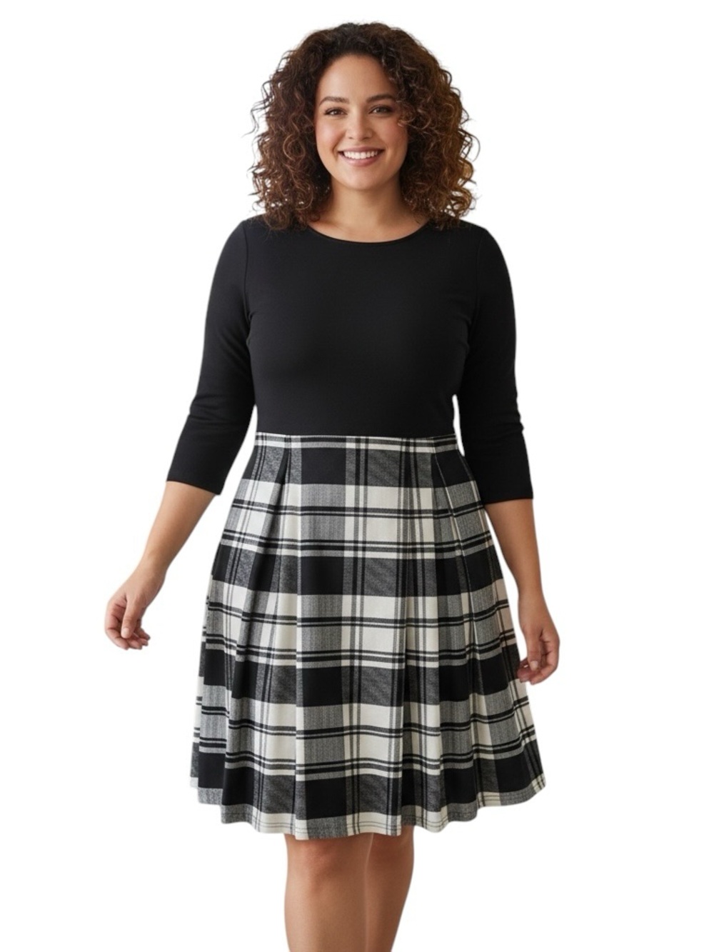 NWT Black and White Plaid Women's Dress Office Little Black Dress 3/4 Sleeve